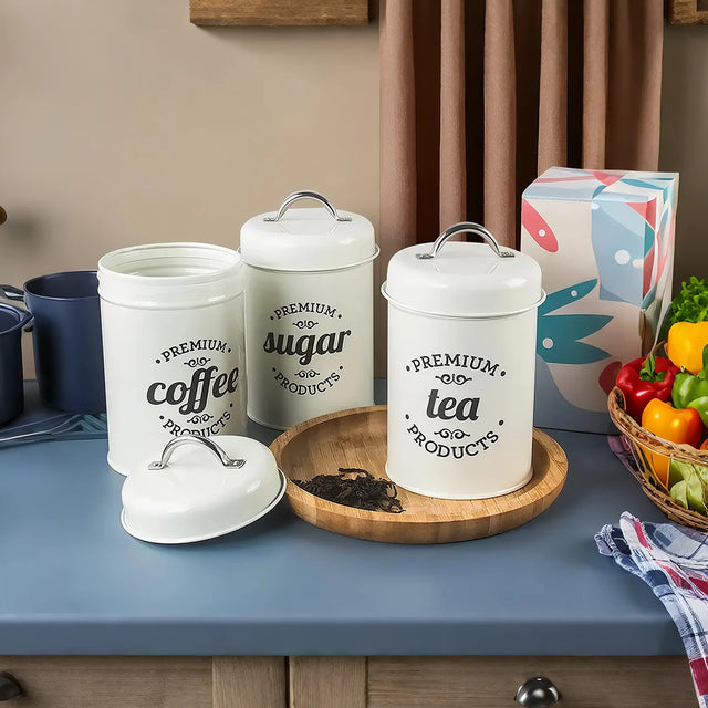 white storage canister on the kitchen table