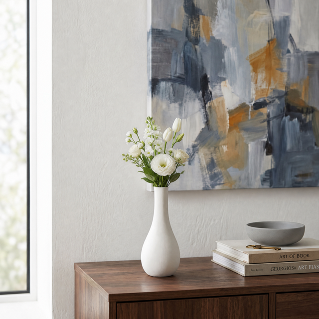 white teardrop vase with white flowers on sideboard