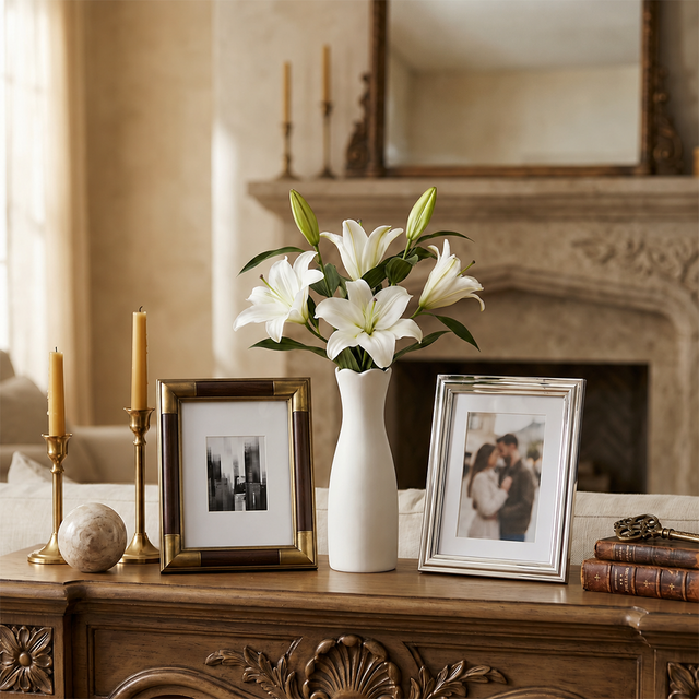 white vase with lilies on vintage table