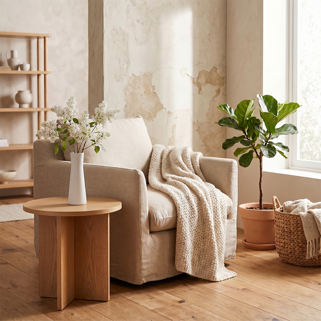 white vase with white flowers on side table