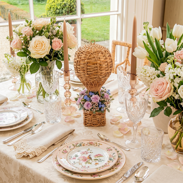 wicker hot air balloon on elegant dining table