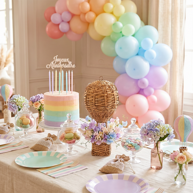 wicker hot air balloon on rainbow birthday table