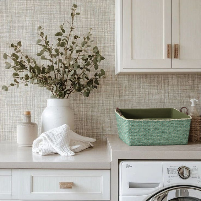 wicker storage basket above the washing machine