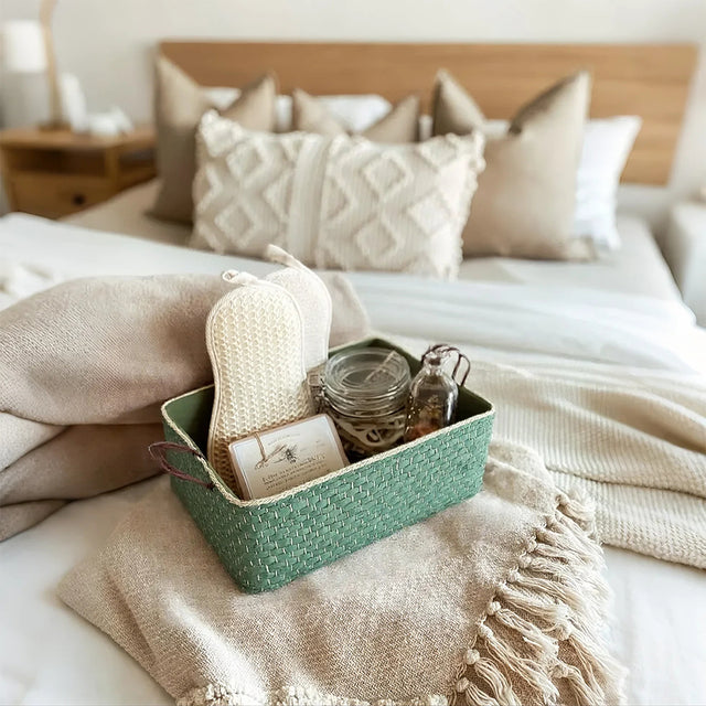 wicker storage basket filled with items