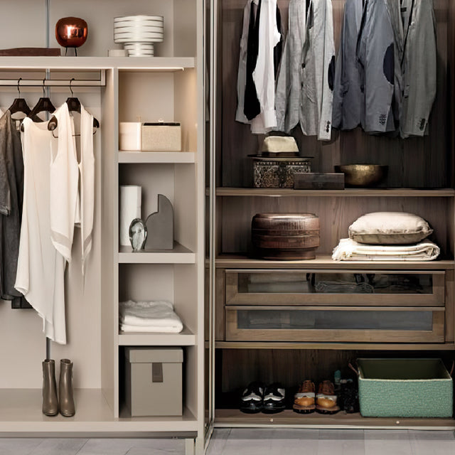 wicker storage basket in the closet