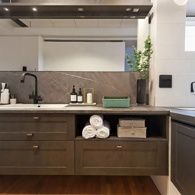 wicker storage basket on the bathroom counter
