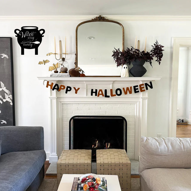 witch cauldron wooden wall hang black silhouette with holloween decor