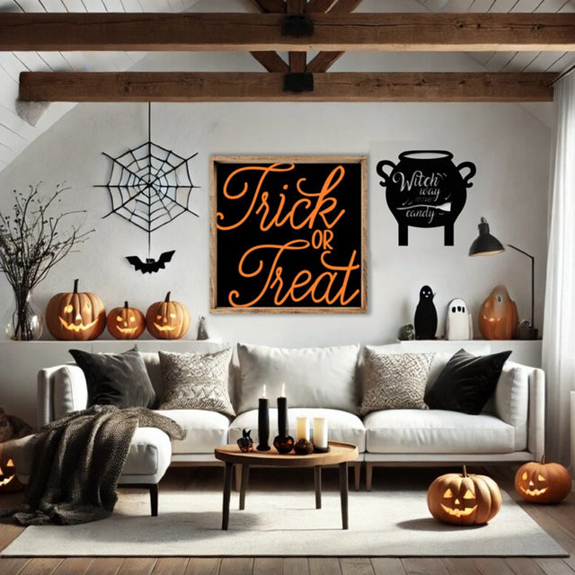 witch cauldron wooden wall hang black silhouette with holloween decor