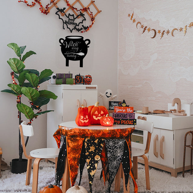 witch cauldron wooden wall hang black silhouette in dining room