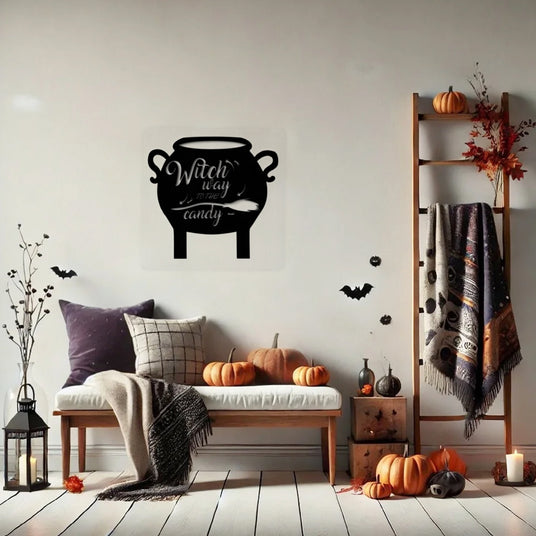 witch cauldron wooden wall hang black silhouette in the living room