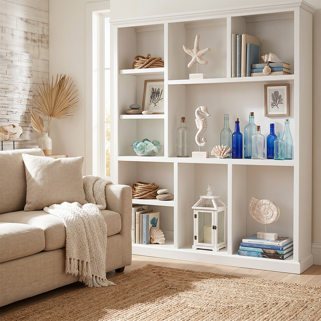 wood figurines on white cubby bookshelf