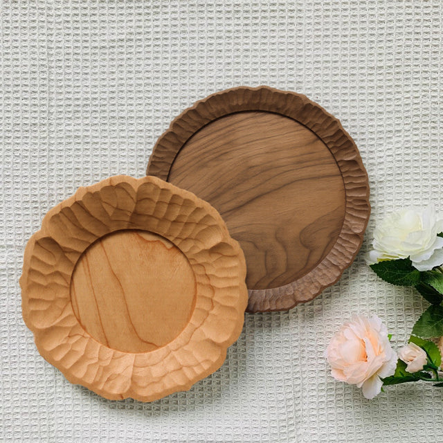 wood serving plate on the table cloth