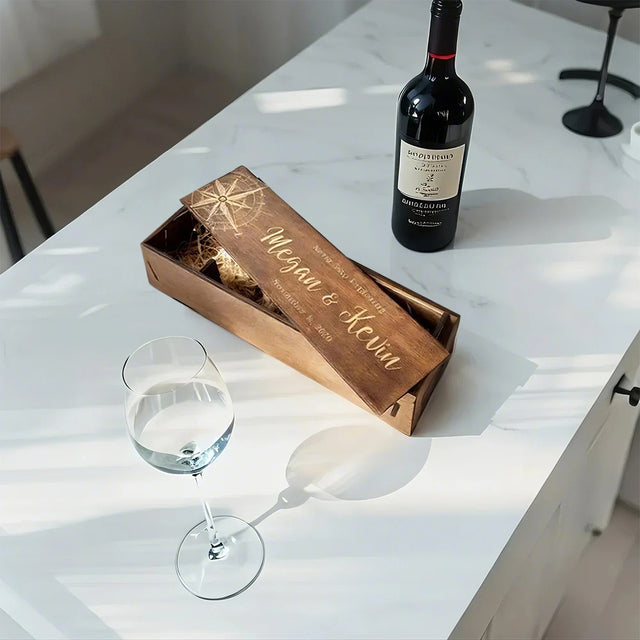 wood single wine box on the kitchen island