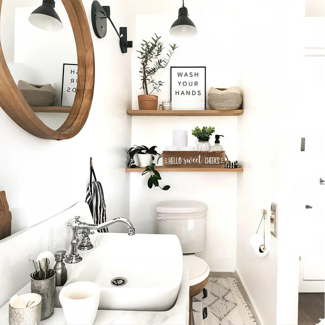 wood storage box on the bathroom shelf
