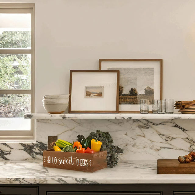wood storage box on the kitchen counter