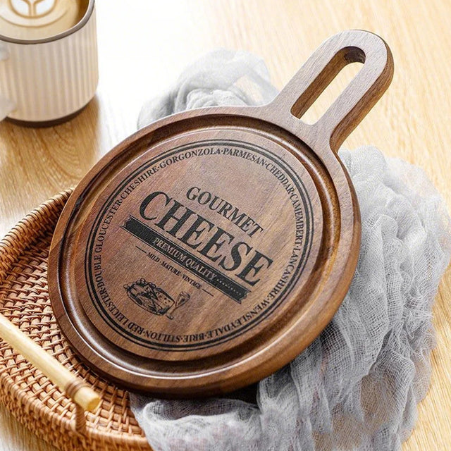 wooden brown round cutting board decorative piece on the dining table