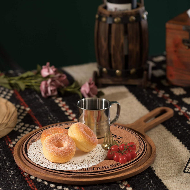 wooden brown round cutting board serve desserts