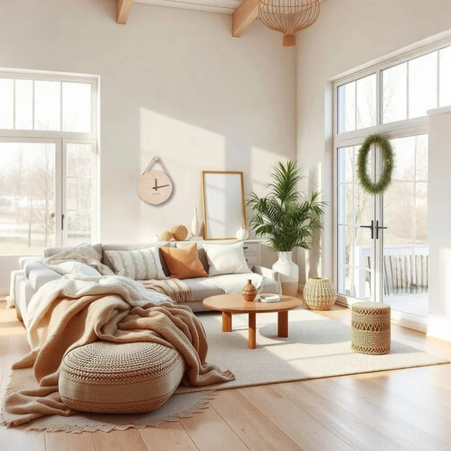wooden decorative wall clock with hanging rope above the sofa