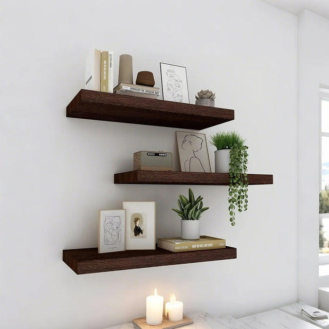 wooden floating shelf displaying decors