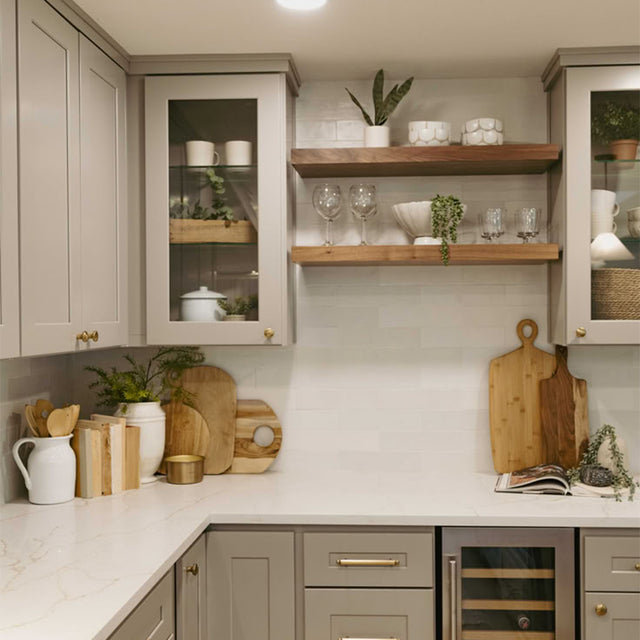 wooden floating shelf in the kitchen