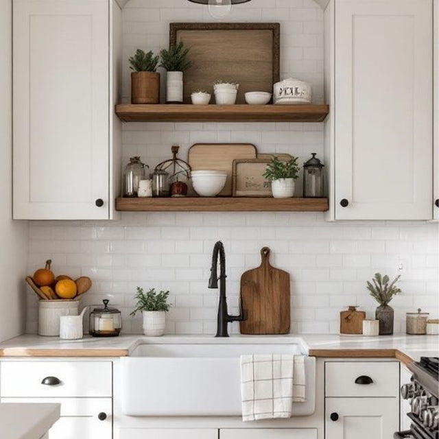 wooden floating shelf in the kitchen