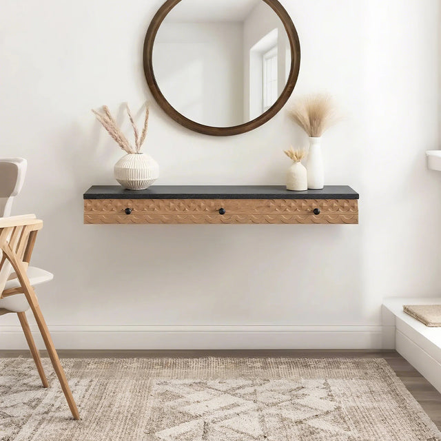 wooden floating wall shelf in the room