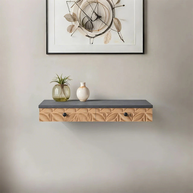 wooden floating wall shelf in the room