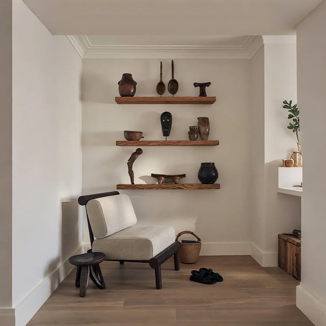 wooden floating shelf in the room