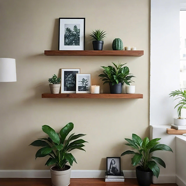 wooden floating shelf in the room