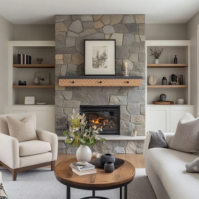 wooden floating wall shelf in the living room