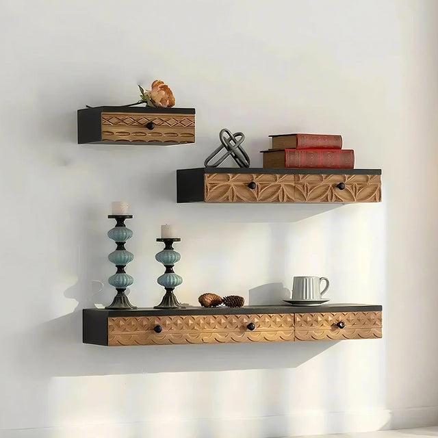 wooden floating wall shelf with drawers