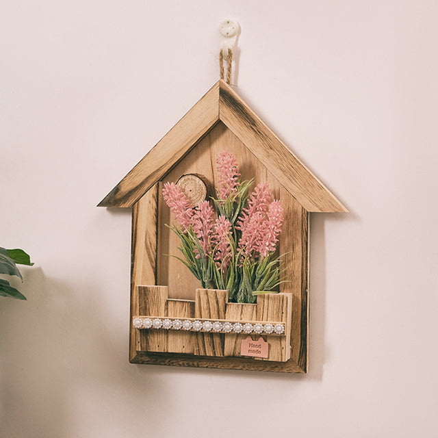 wooden hanging decorative basket with simulation flowers