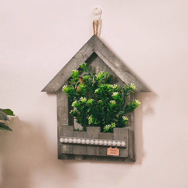wooden hanging decorative basket with simulation flowers