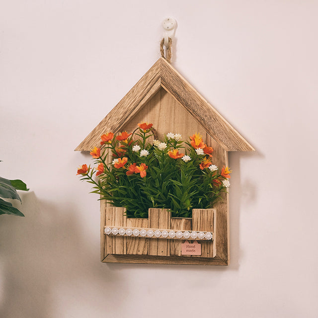 wooden hanging decorative basket with simulation flowers