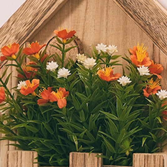 wooden hanging decorative basket with simulation flowers details