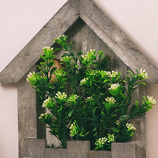 wooden hanging decorative basket with simulation flowers details