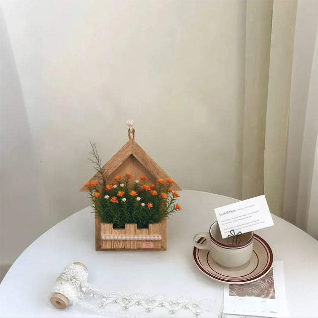 wooden hanging decorative basket with simulation flowers in the room