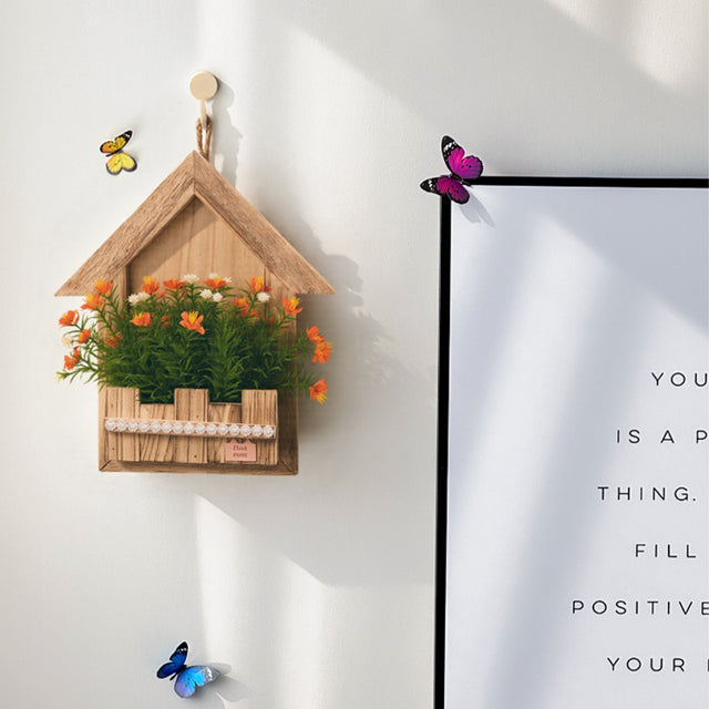 wooden hanging decorative basket with simulation flowers wall hanging