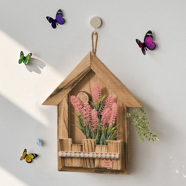 wooden hanging decorative basket with simulation flowers wall hanging