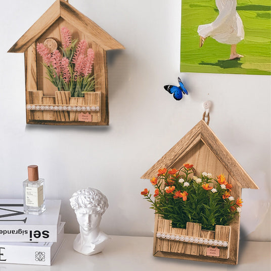 wooden hanging decorative basket with simulation flowers wall hanging