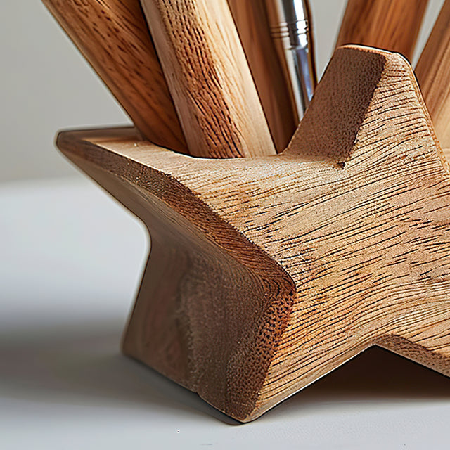 wooden star shaped decorative pen holder details