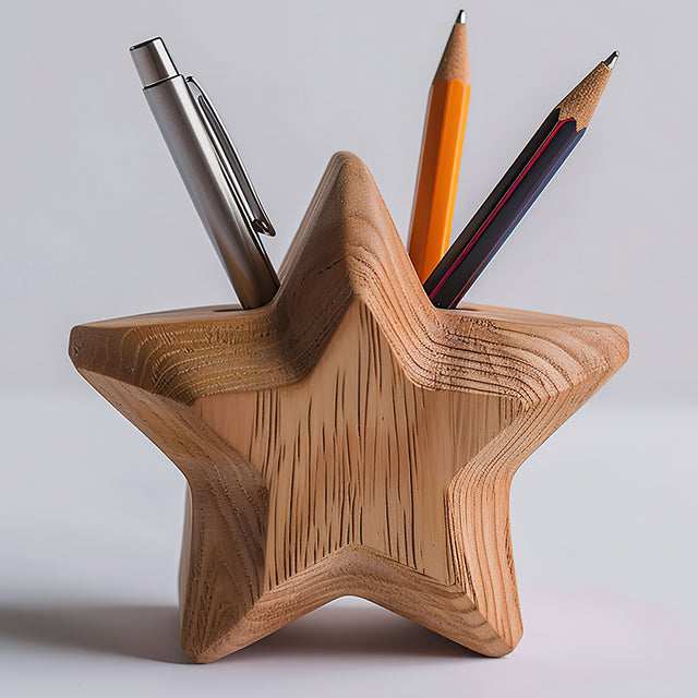 wooden star shaped decorative pen holder details