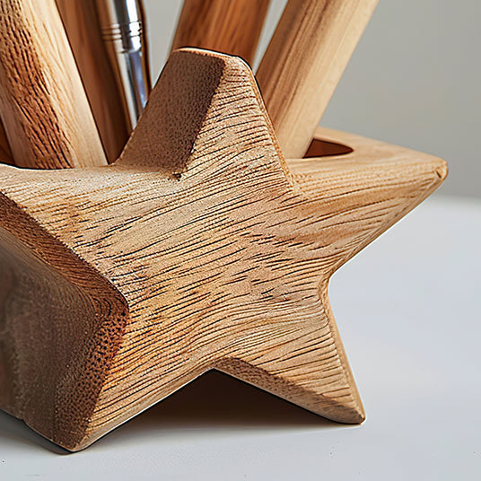 wooden star shaped decorative pen holder details