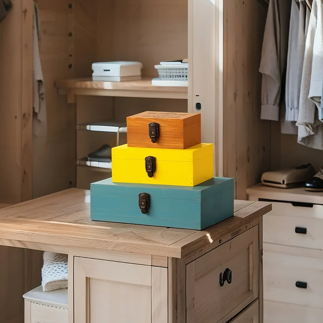 wooden storage box pile up on the table