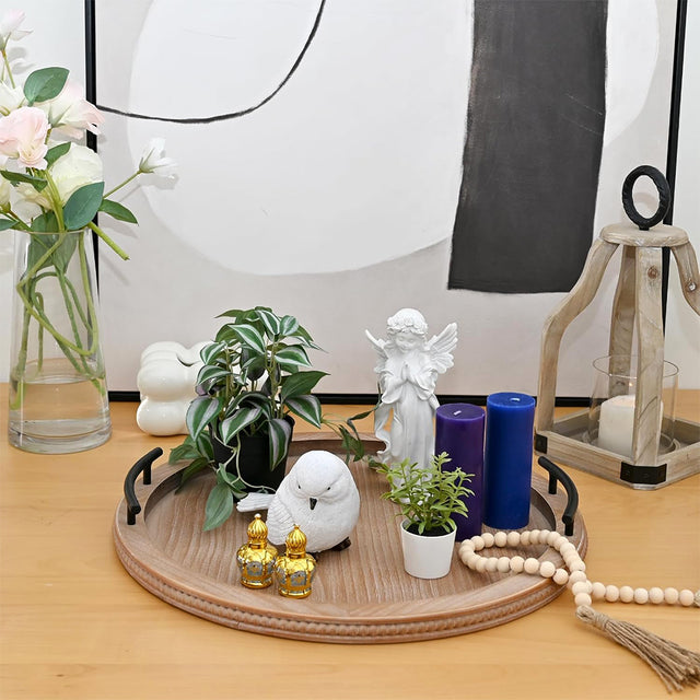 wooden tray displaying ornaments