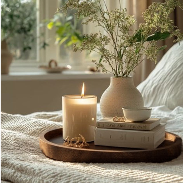 wooden tray holding candle and books