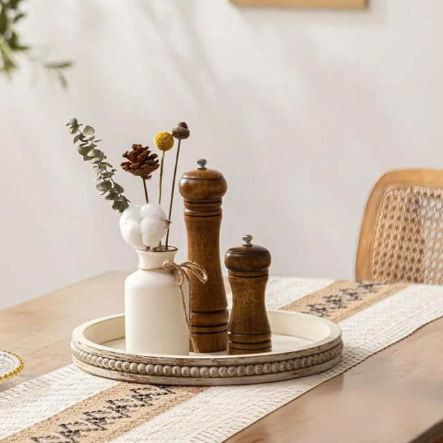 wooden tray holding decors