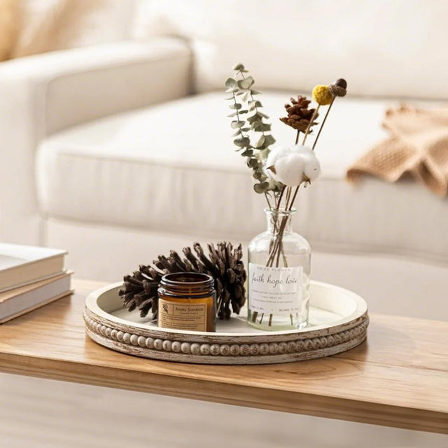 wooden tray holding decors