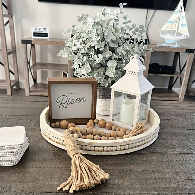 wooden tray holding decors