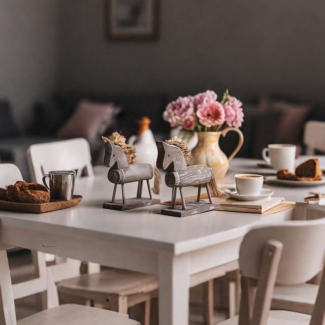 wooden trojan horse decor on the dining table
